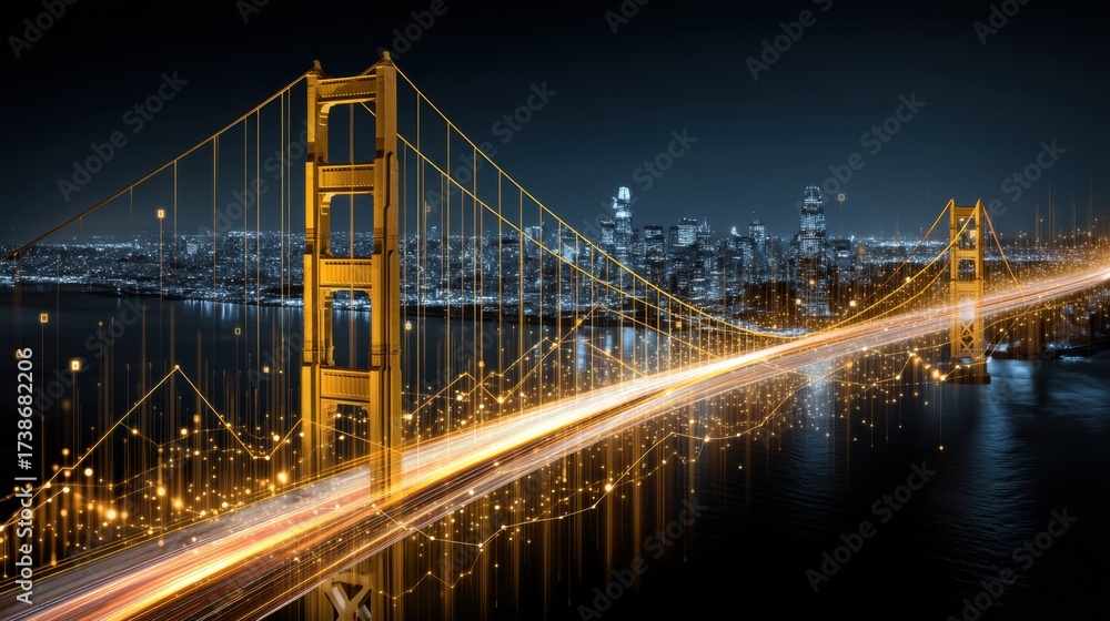 Obraz premium Stunning Night View of Iconic Bridge Illuminated by City Lights, Capturing Urban Landscape and Traffic Flow in Vibrant Colors
