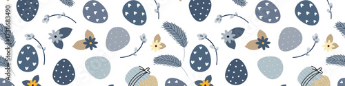 Vector illustration of blue background of eggs and flowers and pussy willow on white surface
