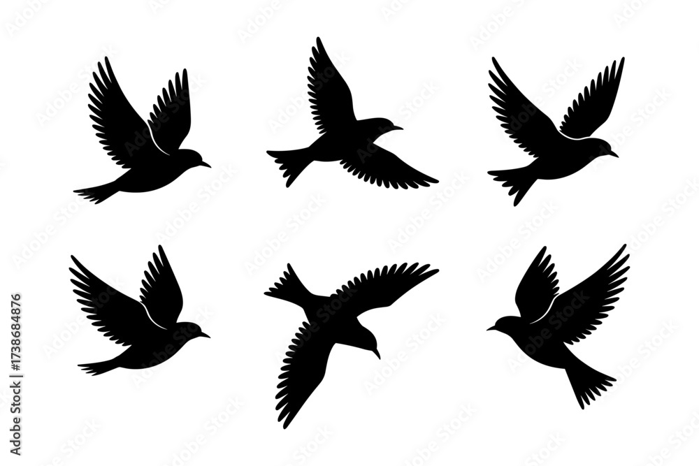 Obraz premium Birds silhouettes vector set, Collection of black isolated of flying birds seagulls against a white background, Beautiful bird flying silhouette set of vector, USA national birds silhouettes - Eagles,