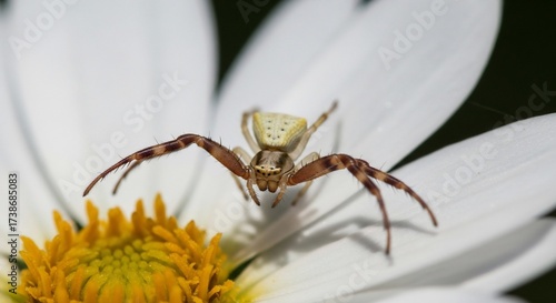 A pale, eight-legged spider with brown stripes on its legs sits centrally on a white daisy, its cephalothorax speckled with yellow.  