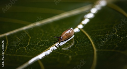 A small brown slug crawls along a dark green leaf's central vein, leaving a glistening trail of slime.  The leaf's texture is visible, and the background is softly blurred