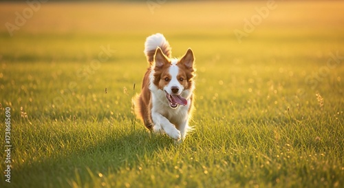 A spirited dog runs across a sunlit field.  