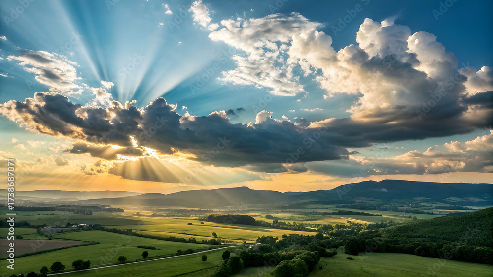 Fototapeta premium Brilliant midday sunlight bursts through a dynamic sky filled with soft, billowing cumulus clouds, creating a dramatic interplay of light and shadow across the landscape below.