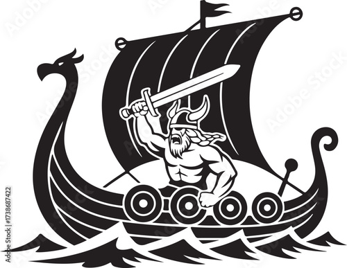 Viking Warrior on Longship with Sword Mascot