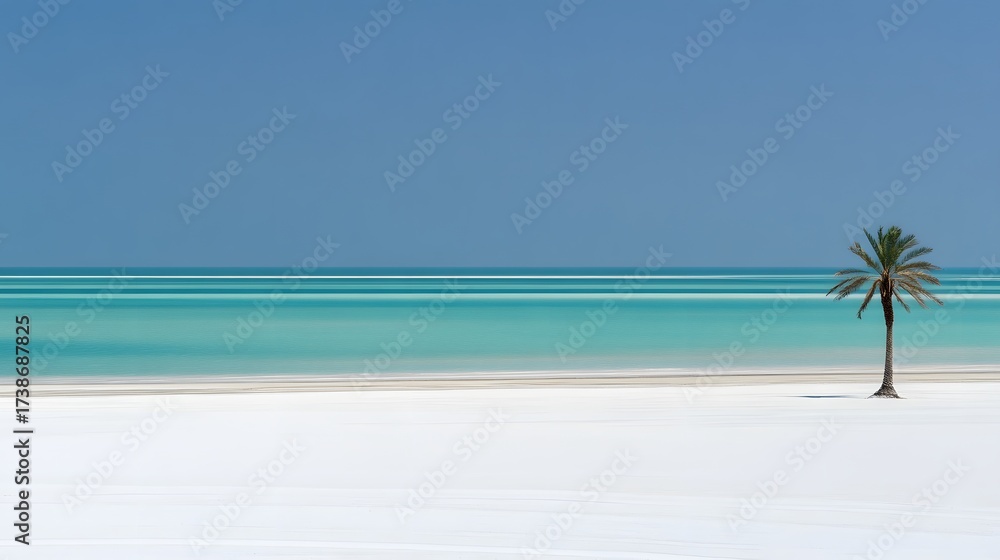 Fototapeta premium Serene Tropical Beach Scene, Palm Tree on Pristine White Sand and Turquoise Water