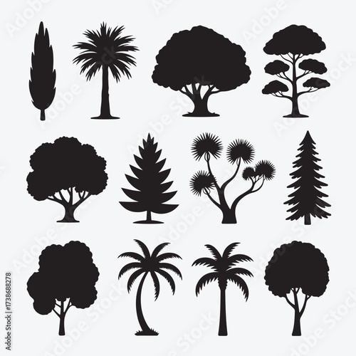 Collection of diverse tree silhouettes for natural design elements and forest themes