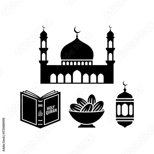Islamic Holy Symbols Vector Set Featuring Mosque Silhouette, Open Quran, Dates, and Lantern for Ramadan and Eid Themes

