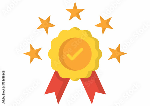 Flat design of a gold award ribbon with stars on a white background