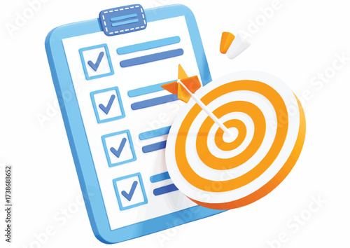 Illustration of a clipboard with a checklist and a bullseye target with an arrow, on a white background.