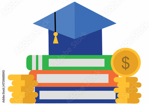 Flat lay illustration of a graduation cap on stacked books with a coin and dollar symbol against a clean white background.