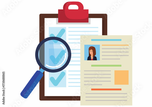 Illustration of a clipboard with resume and magnifying glass on a white background.