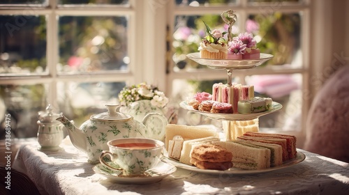 Wallpaper Mural Elegant Afternoon Tea - Tiered Pastries, Floral Teapot, and Sunlit Window. Torontodigital.ca