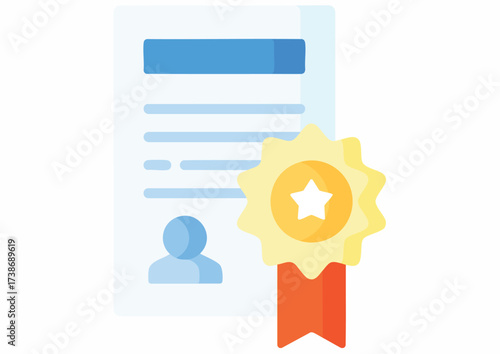 Illustration of a certificate or document with a seal and ribbon, featuring a profile icon.