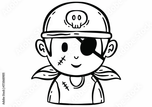 A cartoon pirate boy with a skull hat and eye patch against a clean white background.