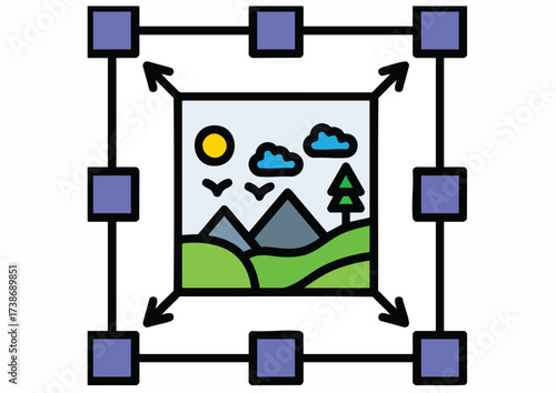 Graphic illustration of a landscape within a resizable frame with control handles on a white background.