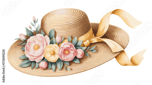Elegant illustration of a straw hat decorated with pastel roses, green leaves, and a yellow ribbon, symbolizing summer fashion and romance.