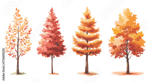 Set of decorative autumn trees with bright orange, yellow, and red foliage, perfect for seasonal design, backgrounds, and nature concepts.