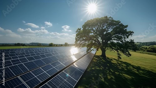 Dynamic Aerial Drone Flight Over a Sun-Kissed Solar Farm in a Green Rural Landscape.