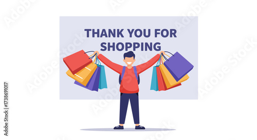 Cheerful young person holding multiple shopping bags with a thank you message for shopping