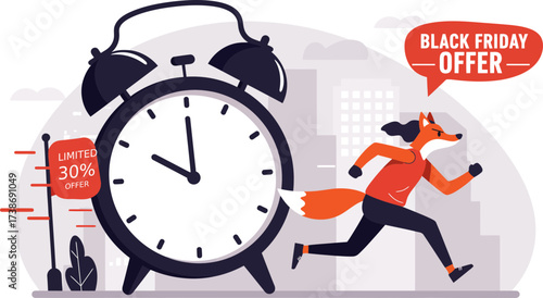 Dynamic Illustration of a Running Fox Promoting Black Friday Deals Featuring Limited-Time Offers