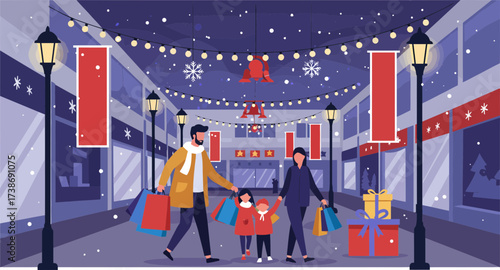 families enjoying festive shopping experience in decorated winter market with holiday lights and