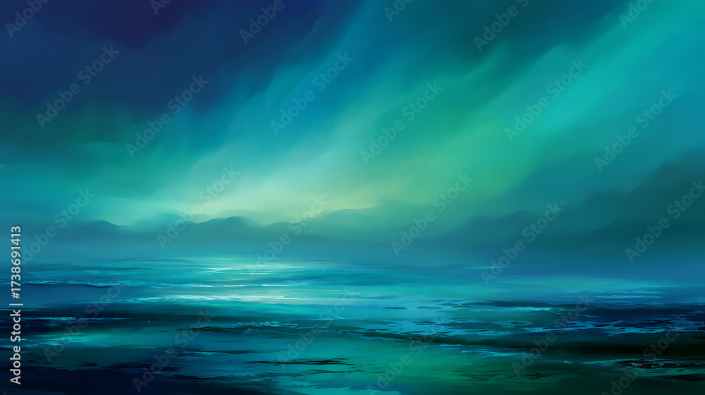 Obraz premium Dramatic abstract illustration of a turbulent ocean surface under a sky filled with sweeping strokes of deep teal, blue, and emerald green, resembling the Northern Lights.