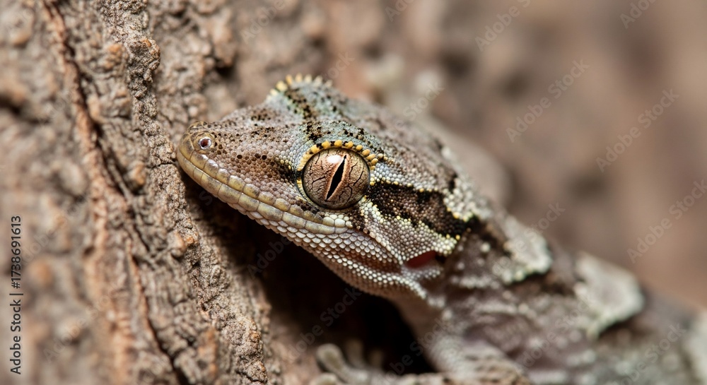 Naklejka premium Close-up of a small gecko clinging to tree bark, its mottled grey and brown skin camouflaging it against the textured wood. 