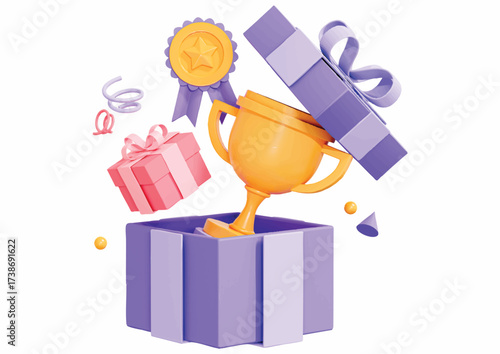 A purple gift box opens to reveal a golden trophy and other celebratory elements.
