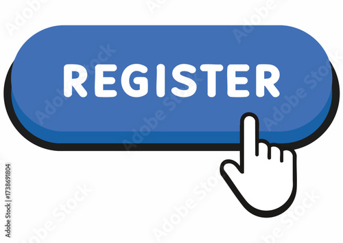 A blue button with the word 'REGISTER' and a pointing hand cursor on a white background.