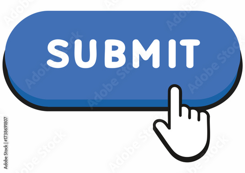 A hand cursor pointing at a blue button labeled "SUBMIT" for online action.