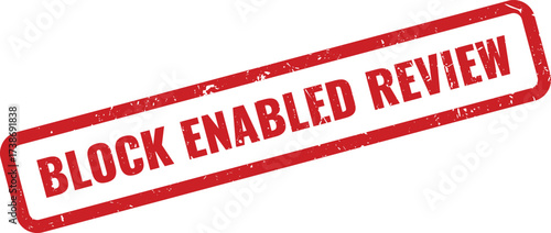 Red Block Enabled Review Rubber Stamp with Distressed Texture on a White Background