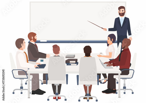 Illustration of a diverse group of business professionals in a meeting with a presenter using a pointer in front of a whiteboard.