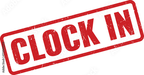 Red clock in rubber stamp with vintage appearance on white background, denoting the start of work