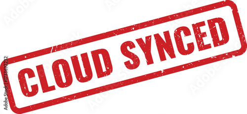 Red cloud synced rubber stamp with worn effect on white background, symbolizing successful data synchronization