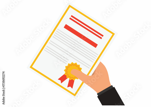 A hand holding a certificate with a gold border and red ribbon on a white background.