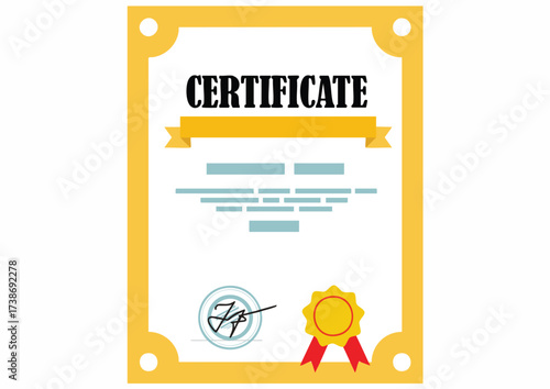Certificate with yellow border and red ribbon on a white background