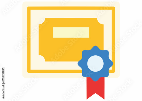 Graphic illustration of a certificate with a blue and red ribbon on a white background.