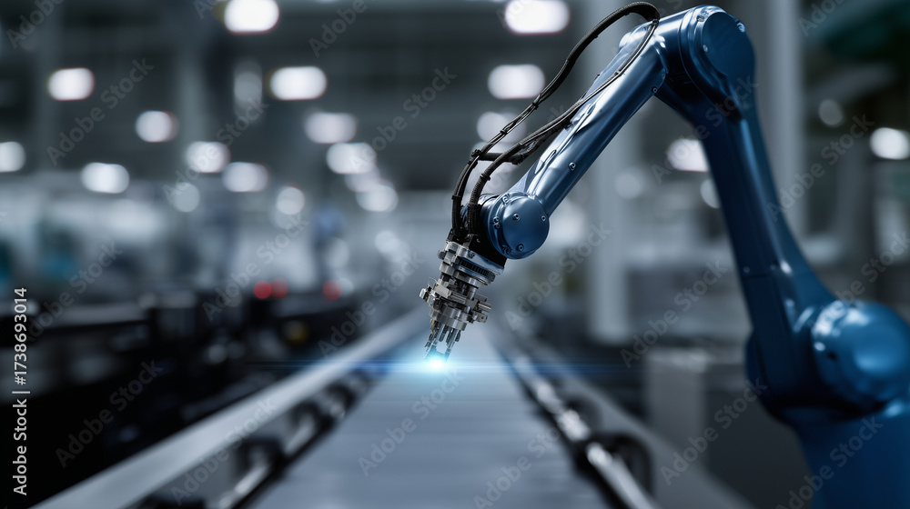 Fototapeta premium Robotic assembly line controlled by augmented reality system, futuristic visualization of production efficiency robotic assembly, AR control, smart manufacturing, automation system