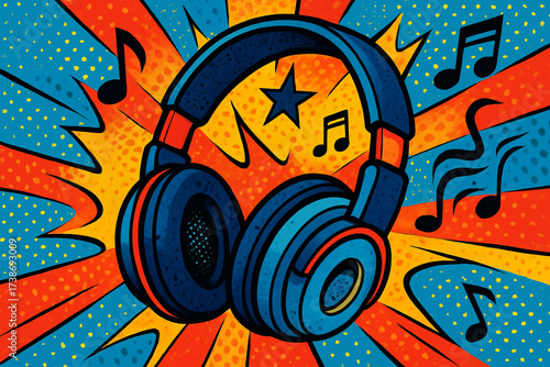 Pop Art Style Headphones Illustration with Comic Explosion and Music Notes