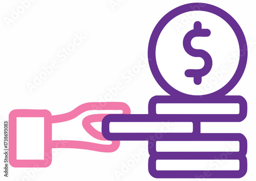 A hand reaching out to a stack of coins with a dollar sign, representing financial transaction.