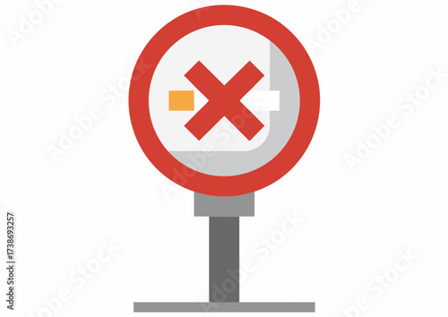 Graphic illustration of a no smoking sign on a post against a white background.