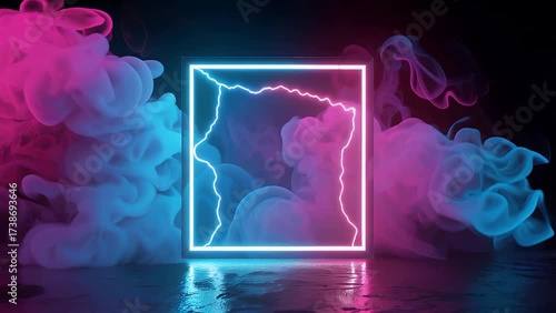 Neon Square Frame with Colorful Smoke - Abstract, Dynamic Background.