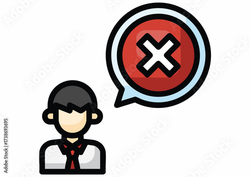 Cartoon depiction of a person with a speech bubble containing a red X mark.