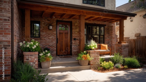 Wallpaper Mural Rustic Brick Home Entrance with Warm Wooden Porch, Lush Greenery, and Potted Flowers in Sunlight. Torontodigital.ca