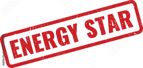 Red Energy Star Rubber Stamp with Distressed Texture on White Background, Indicating Energy Efficiency