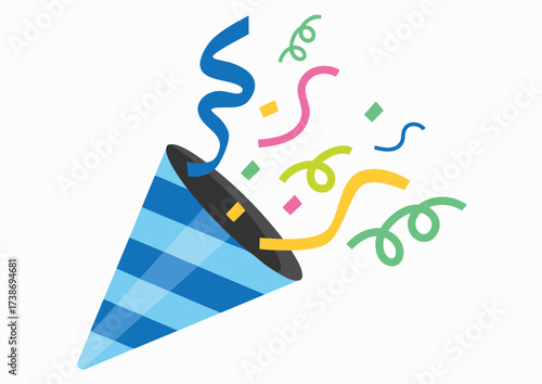 A cartoon illustration of a party popper exploding with colorful streamers.
