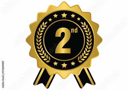 Golden second place award badge with black ribbons and star accents.