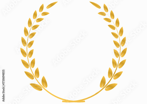 Golden laurel wreath, formed by two branches, forming a circle, isolated on white background.