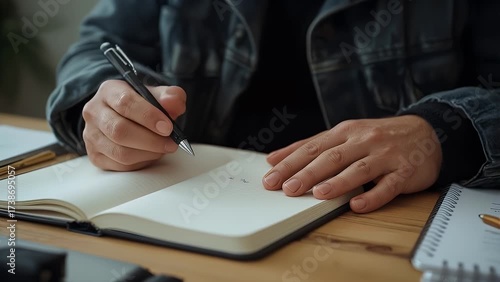 Close-up of Hands Writing in a Notebook, Capturing Creative Process and Thoughtful Reflection.
