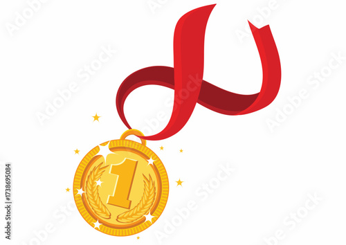 A golden medal with a red ribbon, representing first place, isolated on white.
